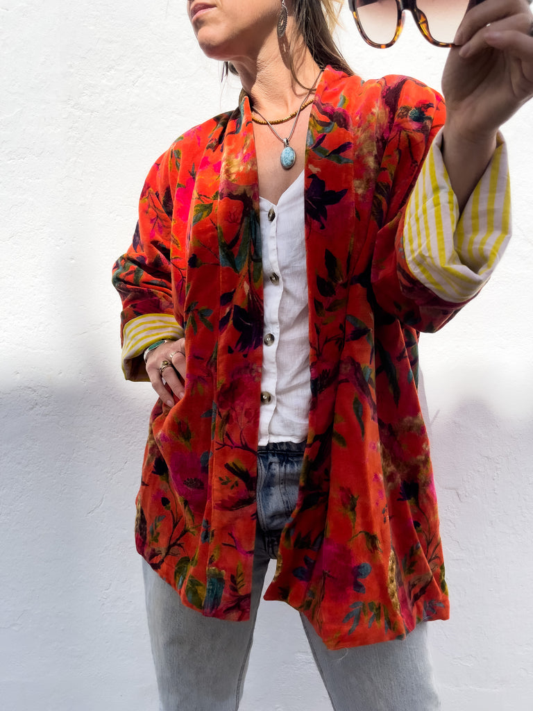 jeyadai, ohmat, ethical, fashion, velvet jacket, sari, kimono, sustainablebrand